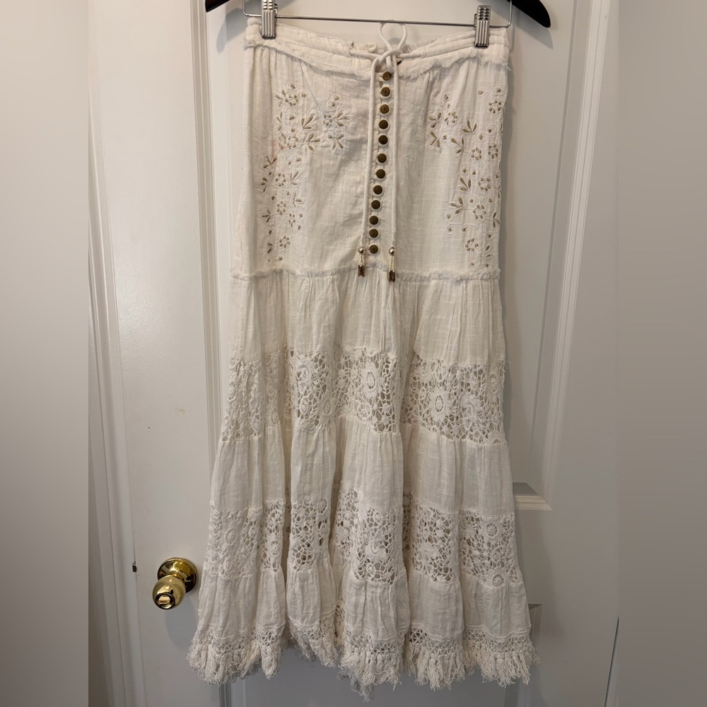 Z&L Boho Embroidered White Tiered Maxi Skirt